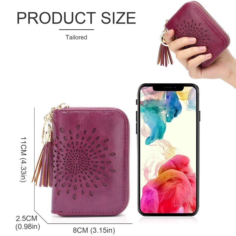 APHISON RFID Credit Card Holder Zipper Card Case Keychain Small Wallet for Women 1927 PURPLISH-RED - Image 5